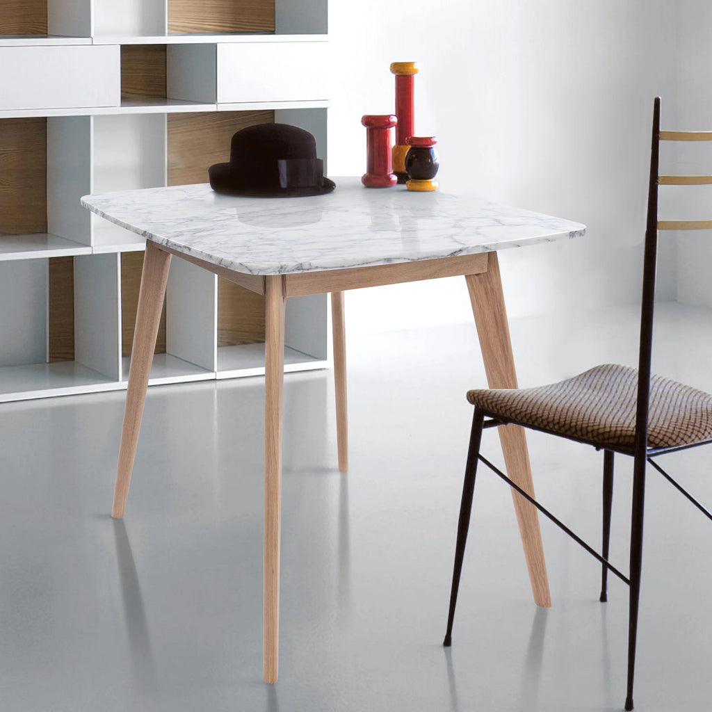 31" Square White Marble Dining Table with Oak Legs N48866
