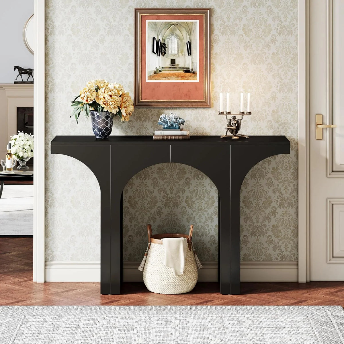 47 Inches Black Console Table with Arch Base L40655