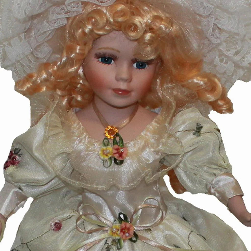 40cm Porcelain Doll with Curly Hair, Umbrella and Clothing Collectible Toy Y6245