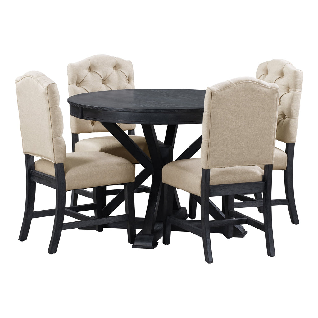 5 Piece Espresso Round Wood Dining Table Set with 4 Upholstered Chairs P8659