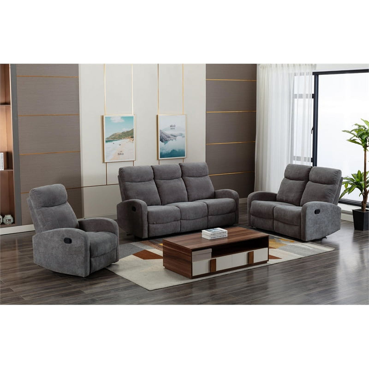 3-Piece Reclining Chenille Fabric Sofa Set Light Gray Z35727