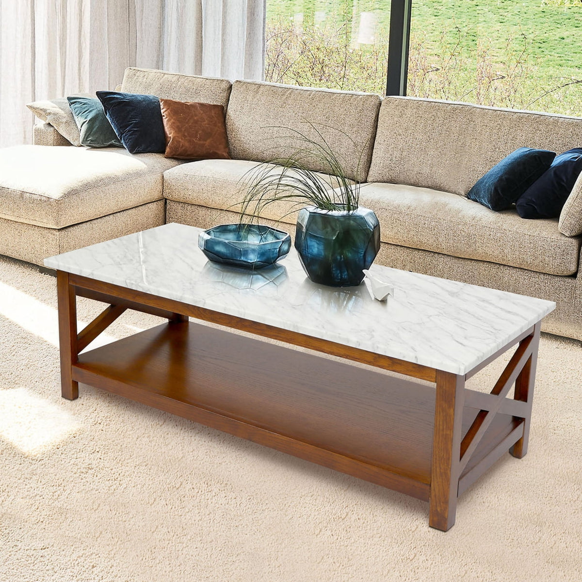 44" Rectangular White Marble Coffee Table with Solid Wood Legs L834
