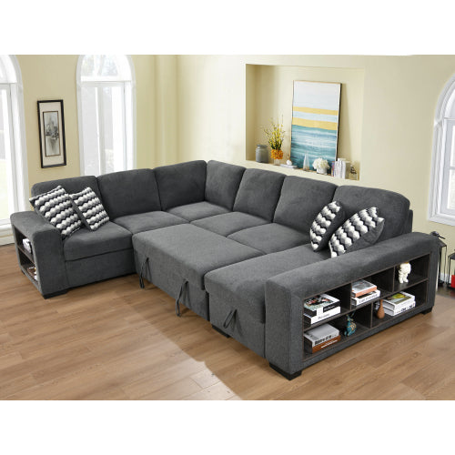 125'' U Shaped Sleeper Sofa with Pull Out Bed and Storage Chaise Ottoman K86951