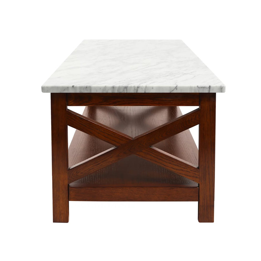 44" Rectangular White Marble Coffee Table with Solid Wood Legs L834