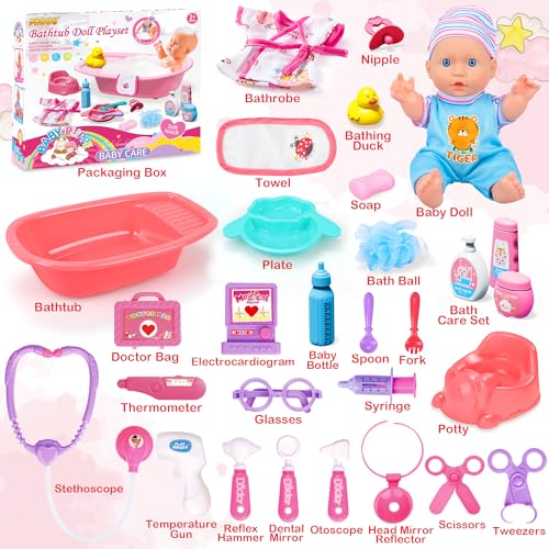 25Pcs Doll Care Toy Playset with Cradle Crib, High Chair, Milk Bottle, Pacifier, Diaper K392007
