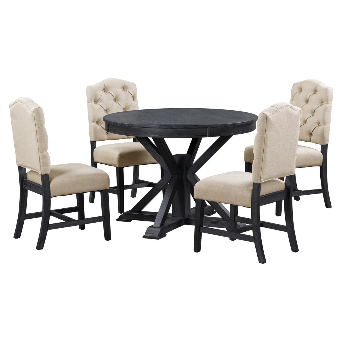 5 Piece Espresso Round Wood Dining Table Set with 4 Upholstered Chairs P8659