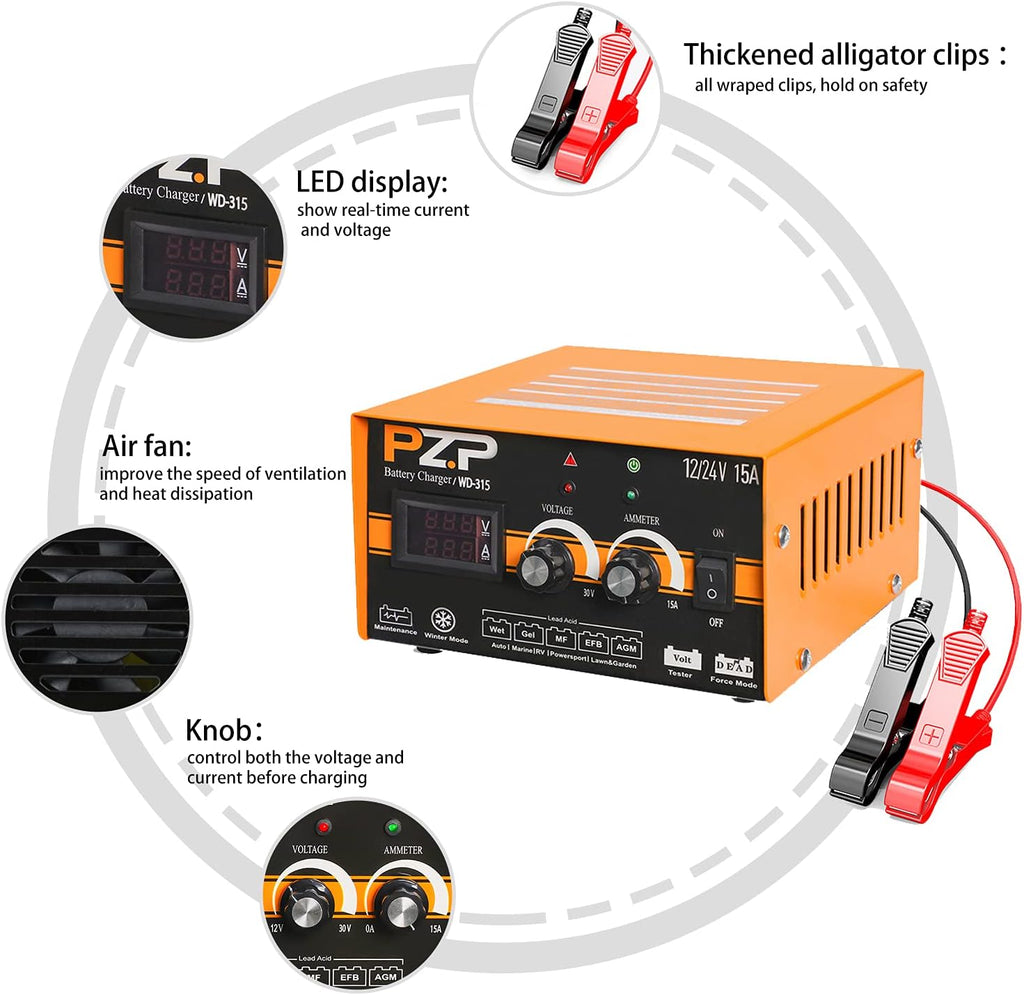 24v Manual 15-Amp Automotive Battery Charger and Maintainer M905