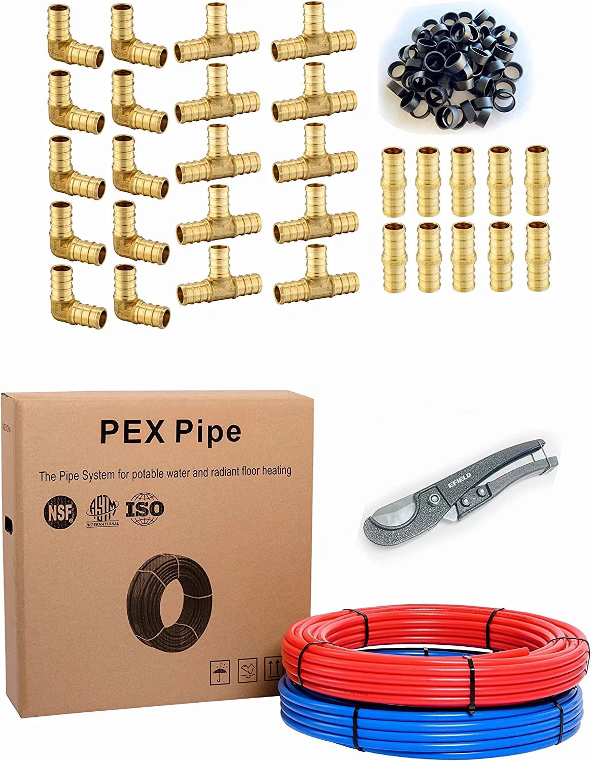 2 Rolls x 100 ft 1/2 Inch Pex-b Pipe/Tubing with Brass Fittings, Crimp Rings, Pipe Cutter N7629