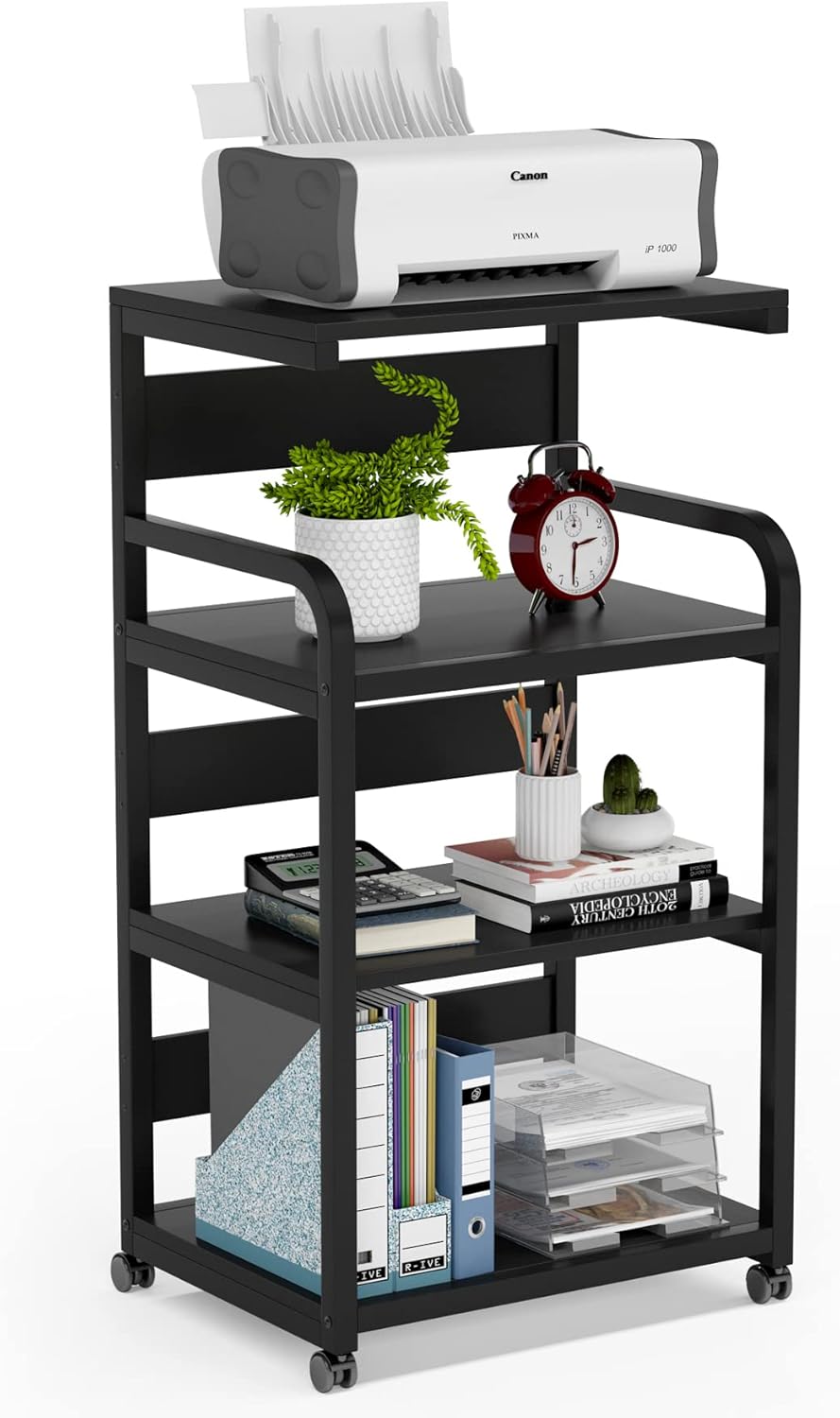 White 4-Shelf Mobile Printer Stand with Storage Shelves on Wheels L9938