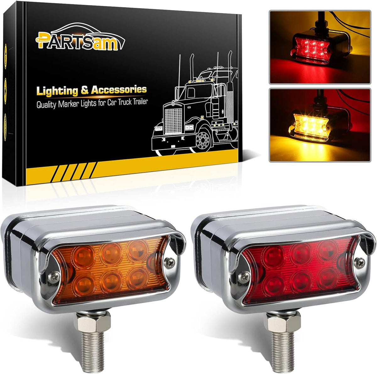 2Pcs Amber/Red 6 LED Double Face Rectangular Chrome Utility Lights Y664