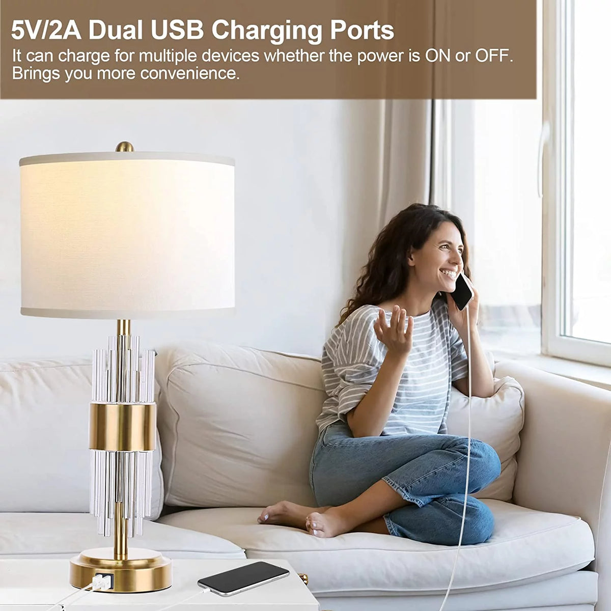 25.5" Gold Metal Touch Control Table Lamp with USB Ports T846