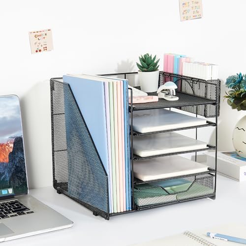 5-Tier Paper Letter Tray Organizer with Drawer and Pen Holder (Black) R6153