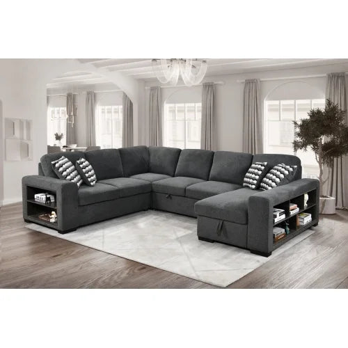 125'' U Shaped Sleeper Sofa with Pull Out Bed and Storage Chaise Ottoman K86951