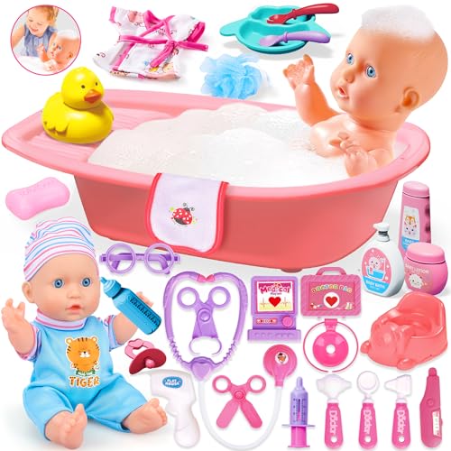 25Pcs Doll Care Toy Playset with Cradle Crib, High Chair, Milk Bottle, Pacifier, Diaper K392007