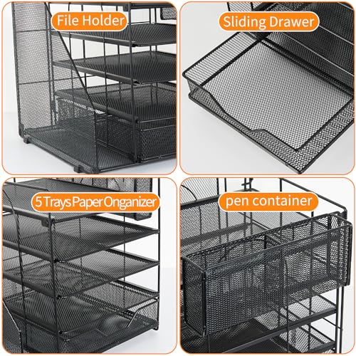 5-Tier Paper Letter Tray Organizer with Drawer and Pen Holder (Black) R6153