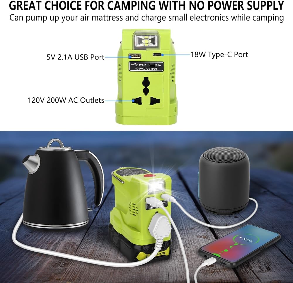 200W Powered Inverter Generator for 18V ONE+ Lithium Battery Portable Power Source with 280LM Light, USB Port, TYPE-C Port AC Outlet Convert DC 18V to AC 110V 120V (Tool Only) M5830