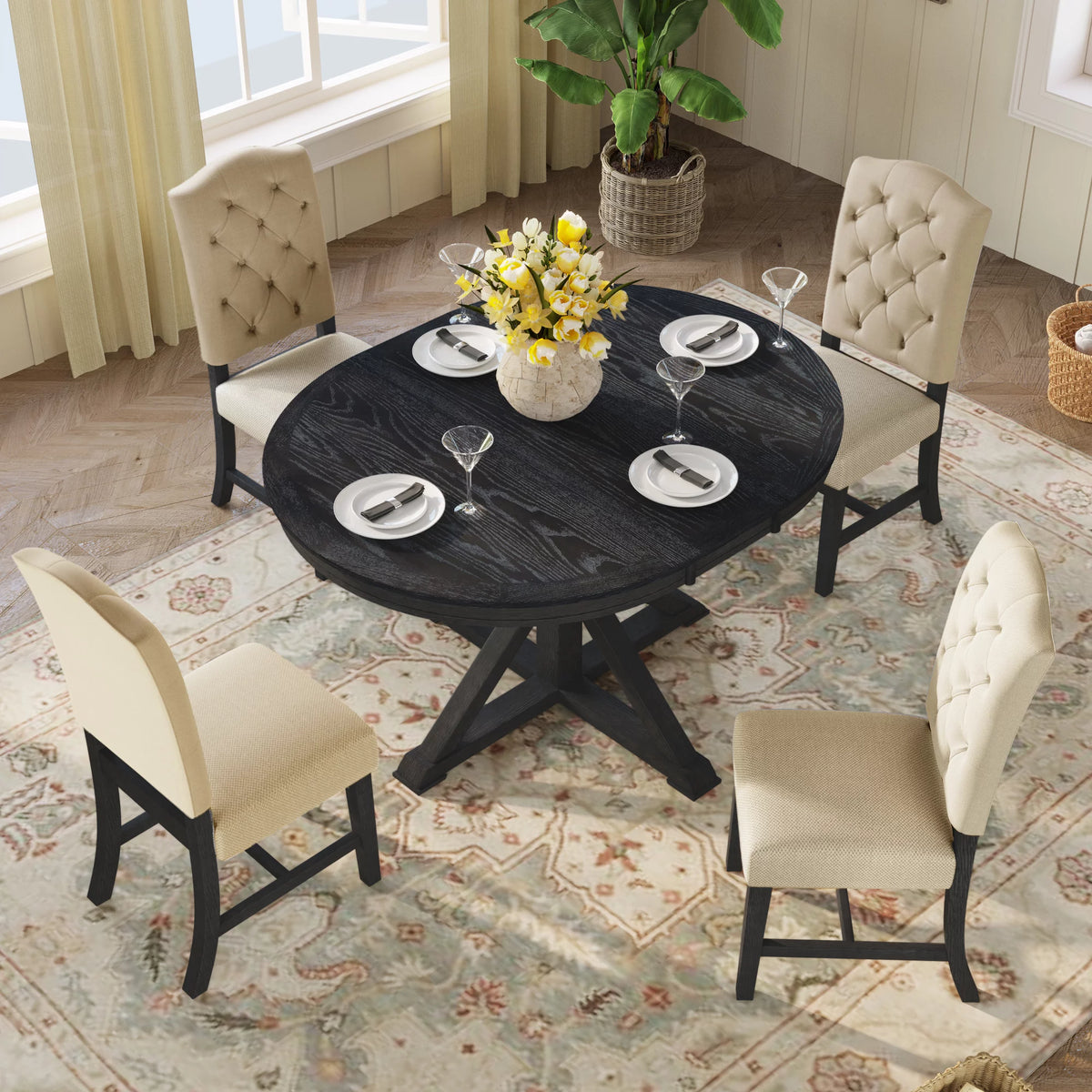 5 Piece Espresso Round Wood Dining Table Set with 4 Upholstered Chairs P8659