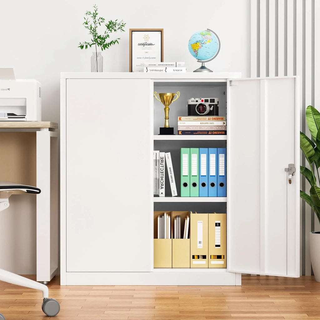 42 In White Metal Storage Cabinet with Locking Doors and 2 Adjustable Shelves E5059