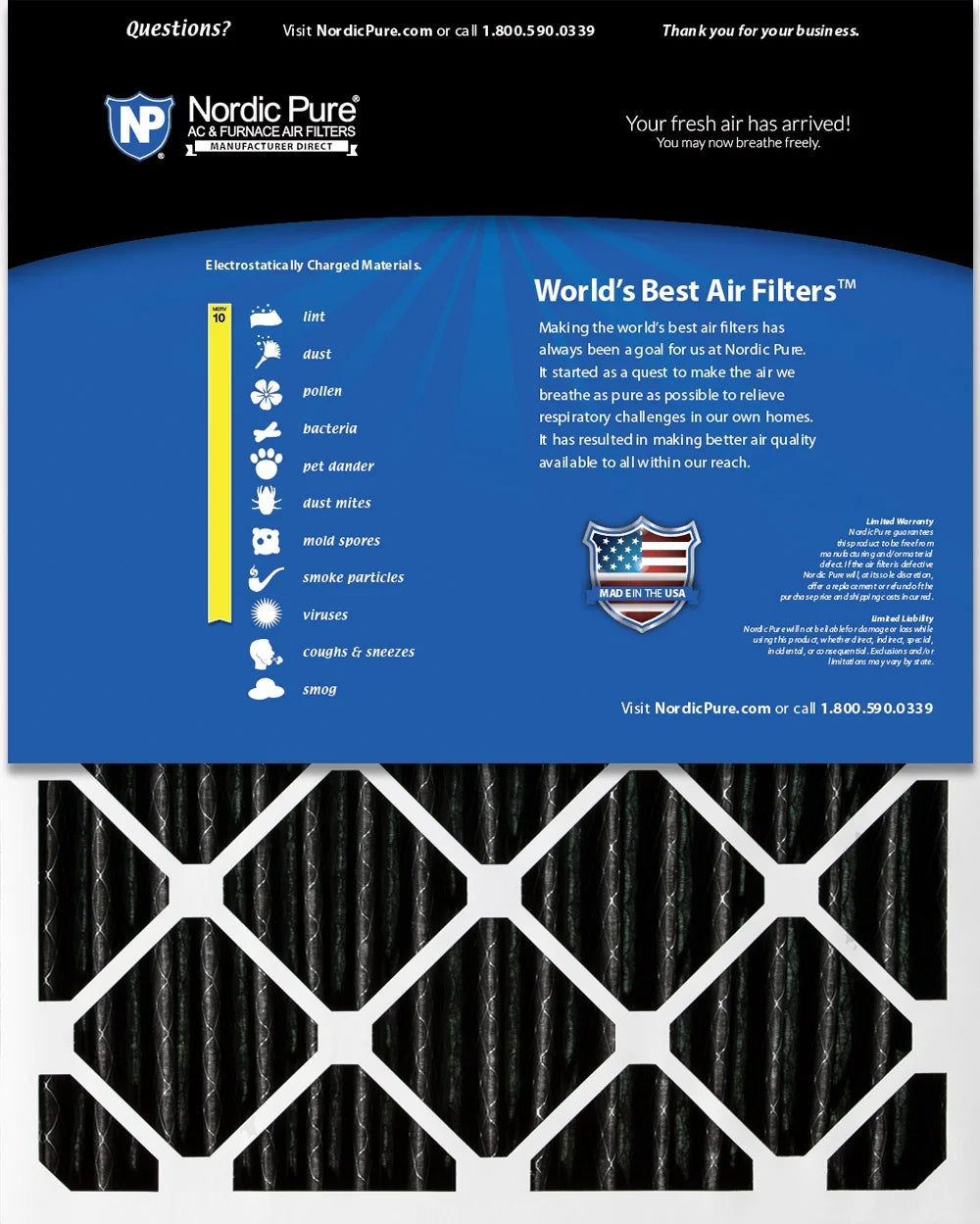 16x25x4 MERV 10 Pleated Carbon Furnace Air Filter W3978