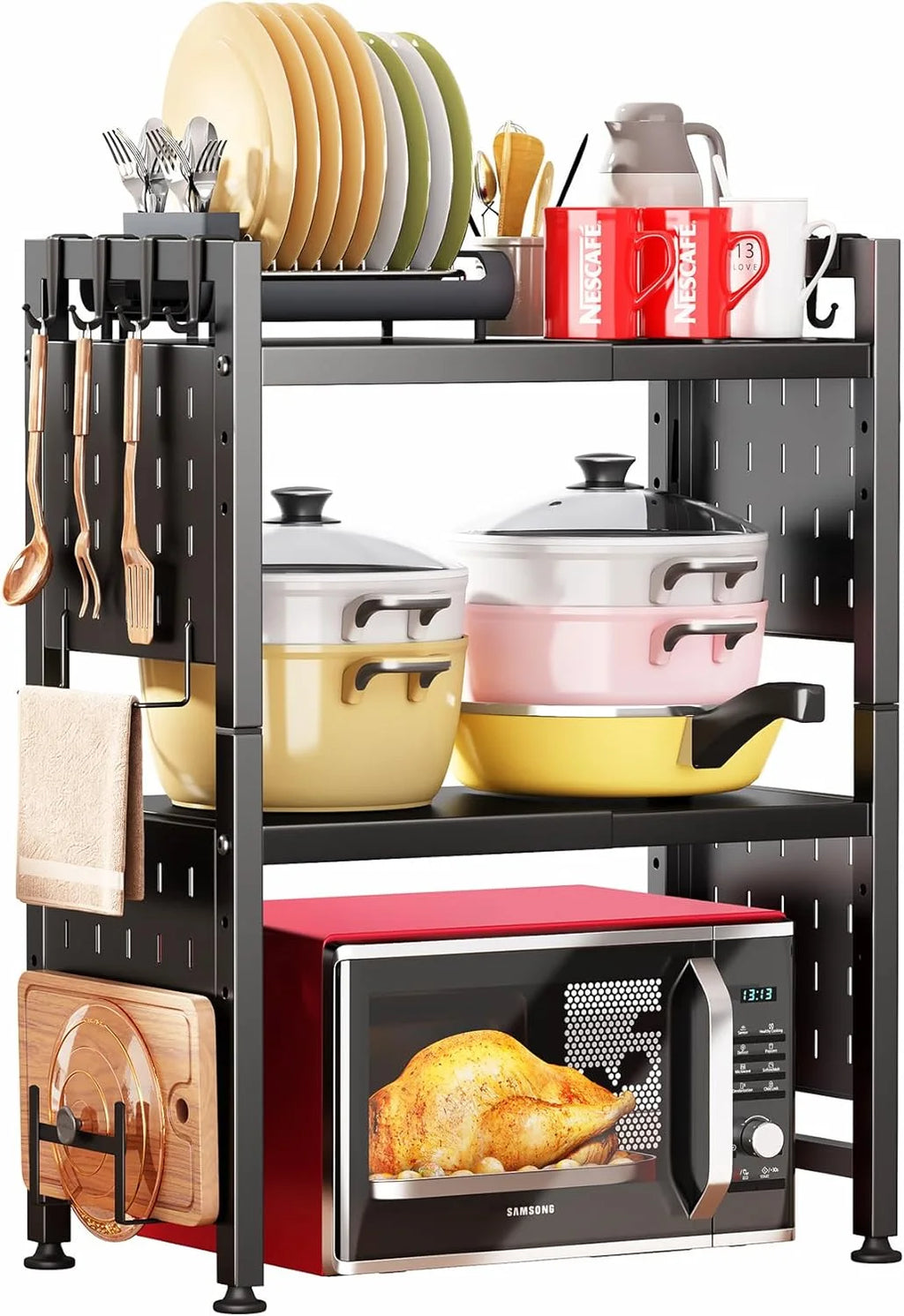 3-Tier Heavy Duty Microwave Stand with 9 Hooks and Cutting Boards V836