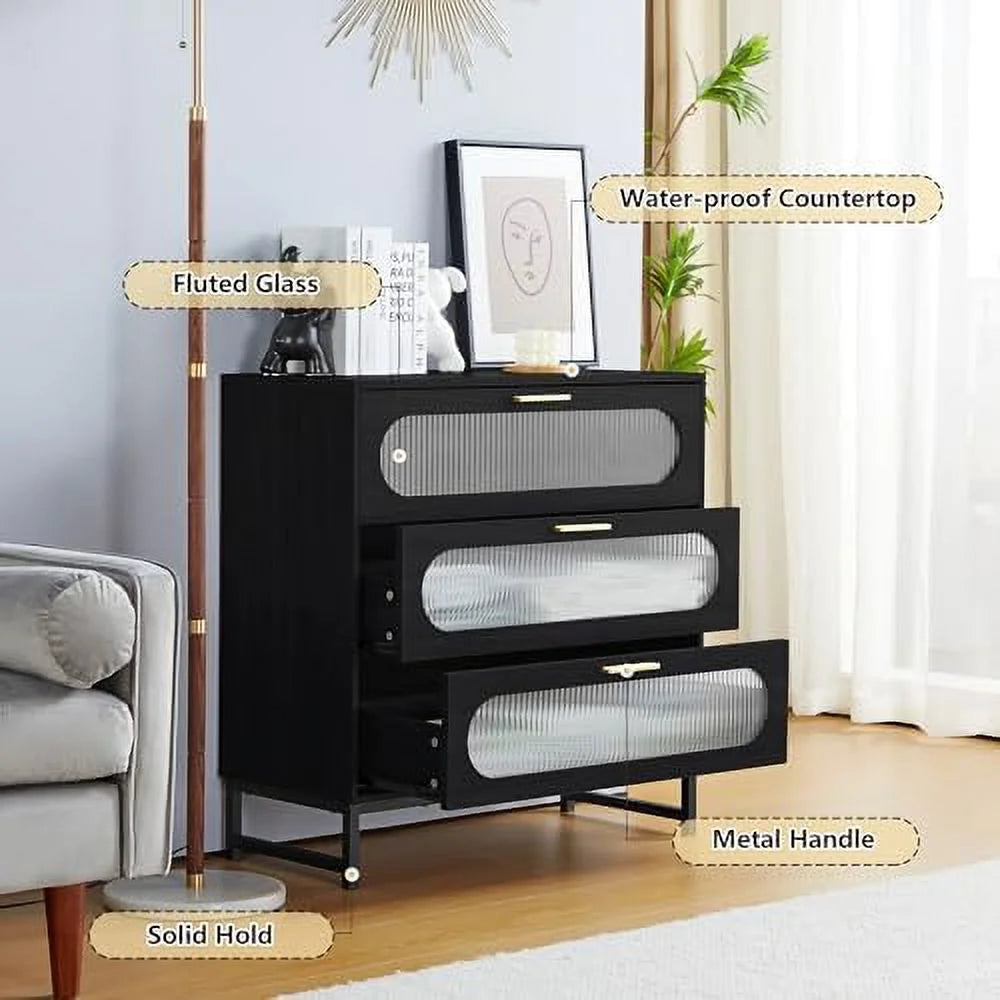 3 Drawer Tempered Glass Wood Dresser V529944