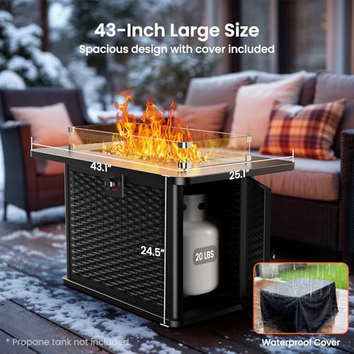 43 Inch Propane Fire Pit Table with Glass Rocks and Cover Y6974