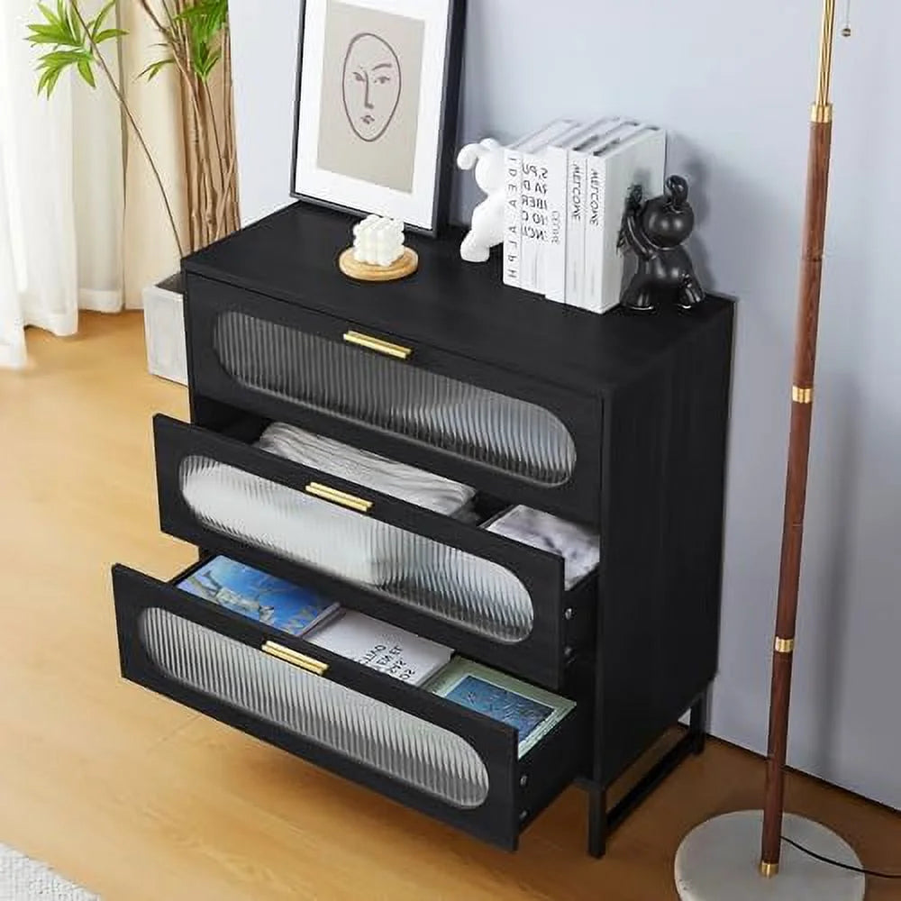 3 Drawer Tempered Glass Wood Dresser V529944