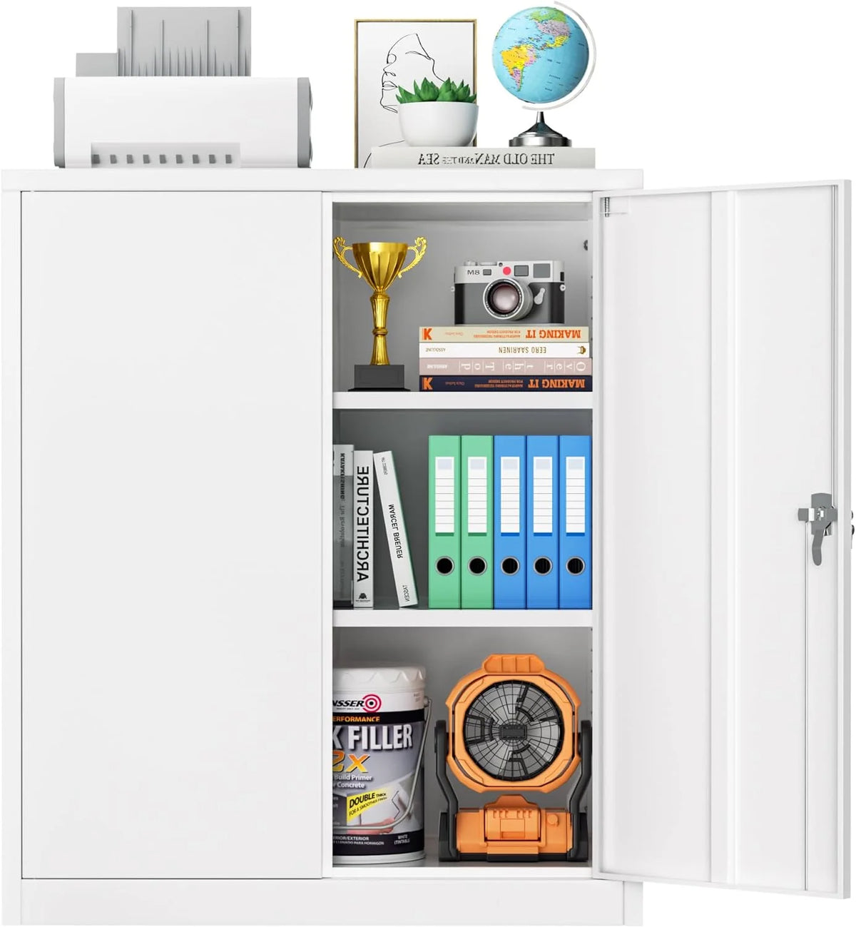 42 In White Metal Storage Cabinet with Locking Doors and 2 Adjustable Shelves E5059