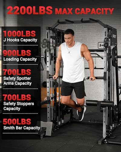 2200LBS Squat Rack Power Cage with Smith Bar and Cable Systems S215