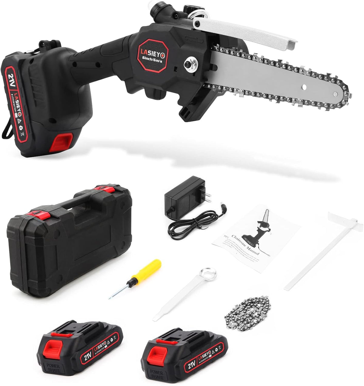Cordless 6 Inch Brushless Mini Chainsaw with Oil System, 2Pcs 21V 2.0Ah Batteries D18739