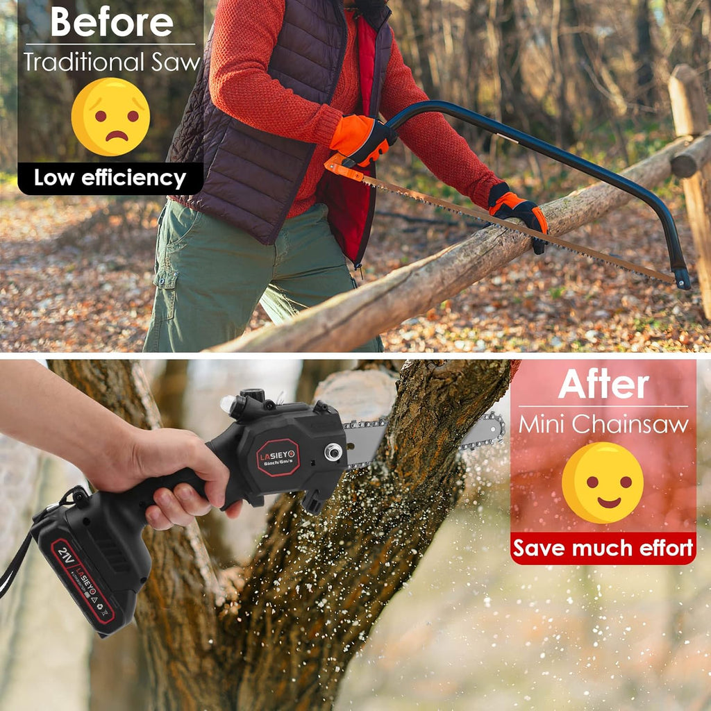 Cordless 6 Inch Brushless Mini Chainsaw with Oil System, 2Pcs 21V 2.0Ah Batteries D18739