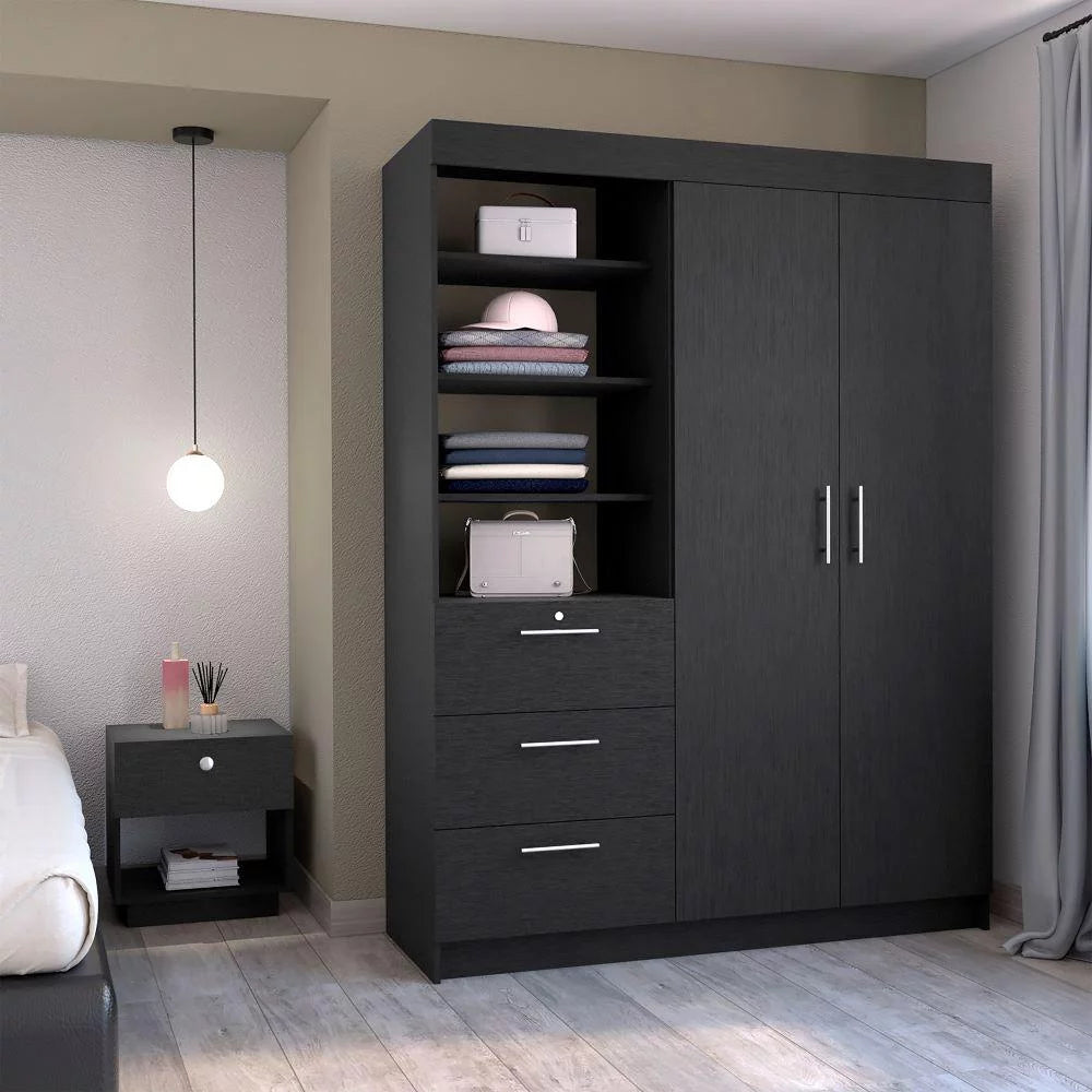 2 Piece Bedroom Set Armoire and Nightstand Black Wengue Finish R107