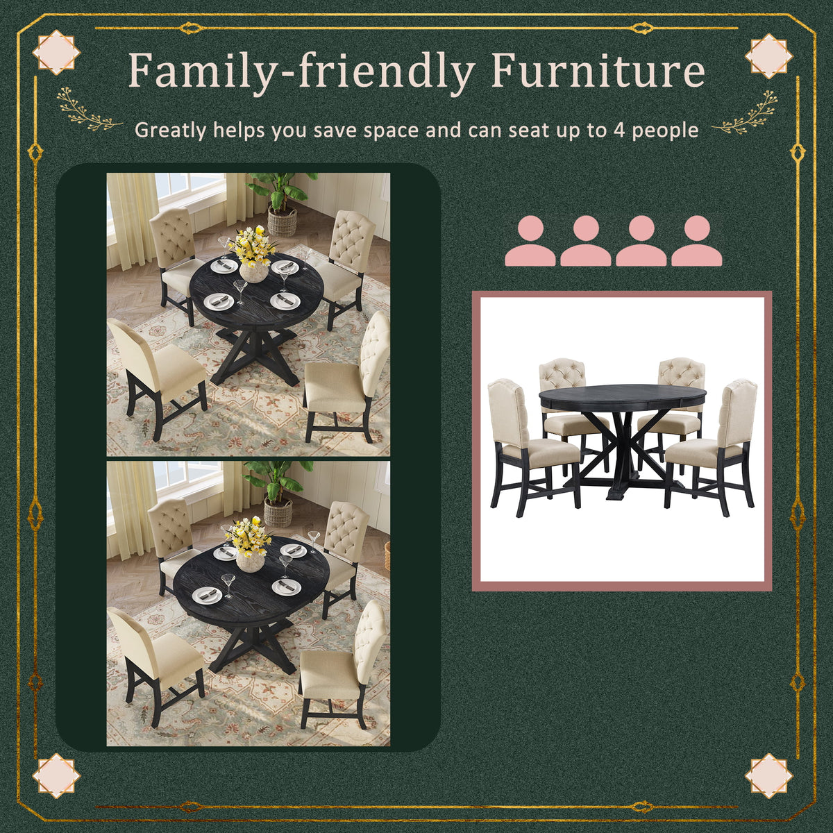 5 Piece Espresso Round Wood Dining Table Set with 4 Upholstered Chairs P8659