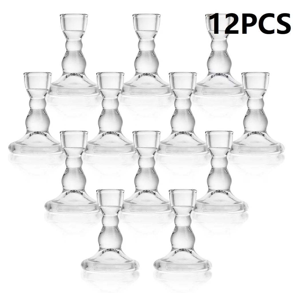12 Pc Clear Glass Taper Candle Holders T5665