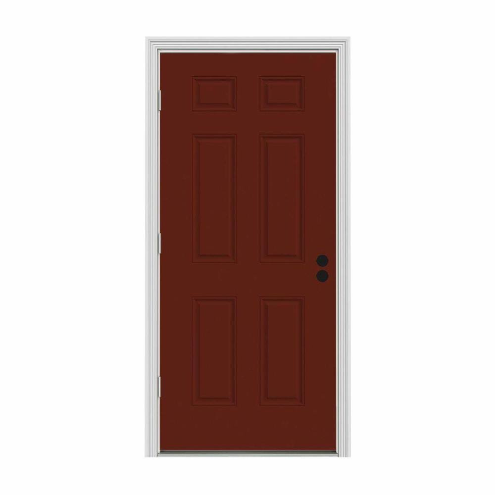 32 in. x 80 in. 6-Panel Red Painted Steel Prehung Right-Hand Outswing Front Door with Brickmould I5733