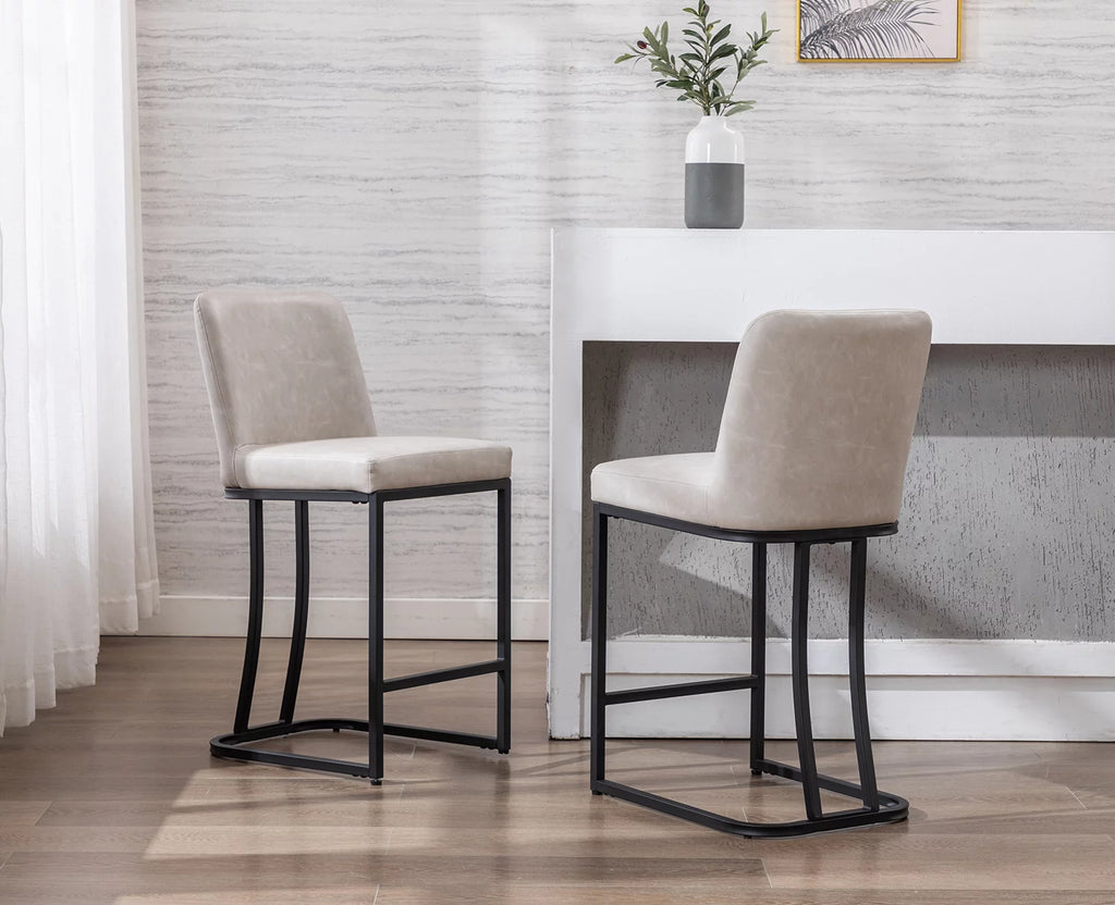 24" Counter Height Stools Set of 2 Faux Leather Upholstered Beige N95457