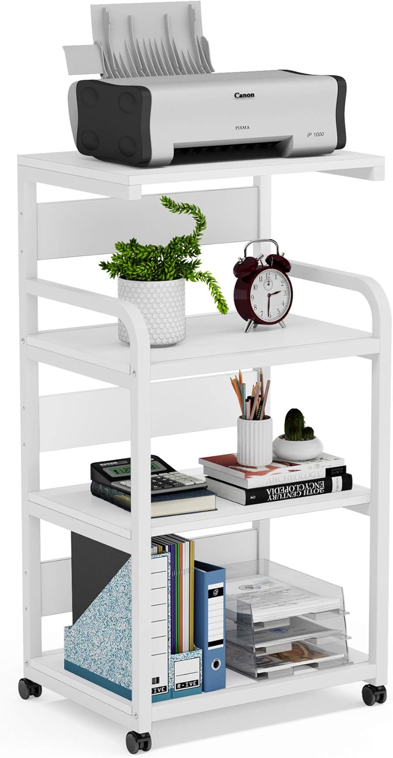 White 4-Shelf Mobile Printer Stand with Storage Shelves on Wheels L9938