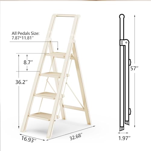 2 Step Ladder Portable Folding Step Stool with Anti-Slip Pedal, White, 300lbs I936