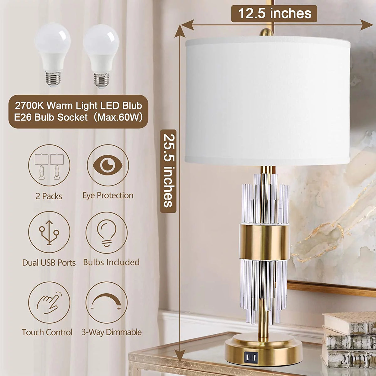 25.5" Gold Metal Touch Control Table Lamp with USB Ports T846