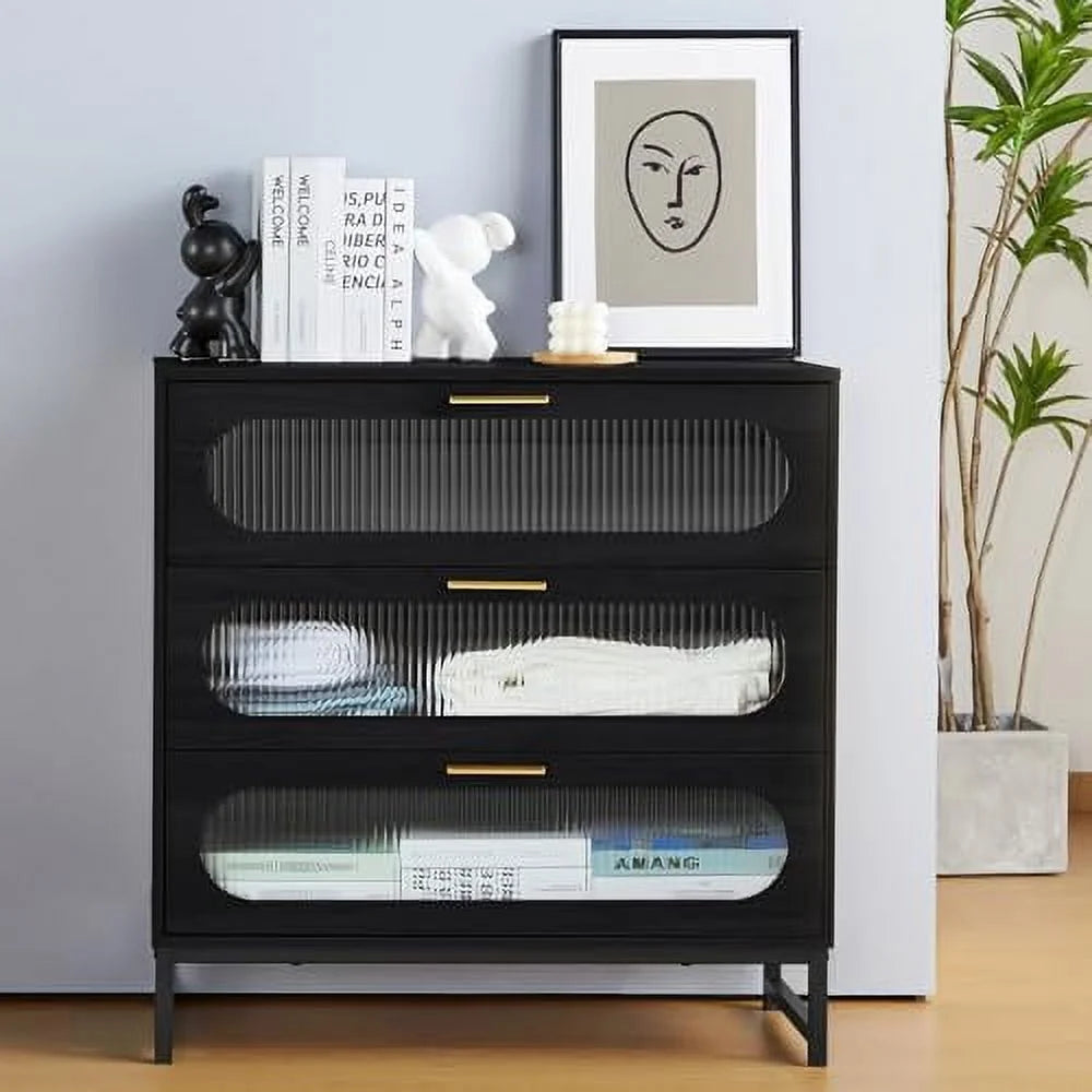 3 Drawer Tempered Glass Wood Dresser V529944