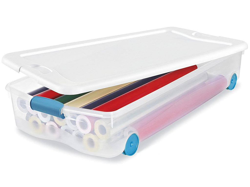 56 qt Wheeled Latching Storage Box, Clear Bottom with White Lid and Blue Latches A426
