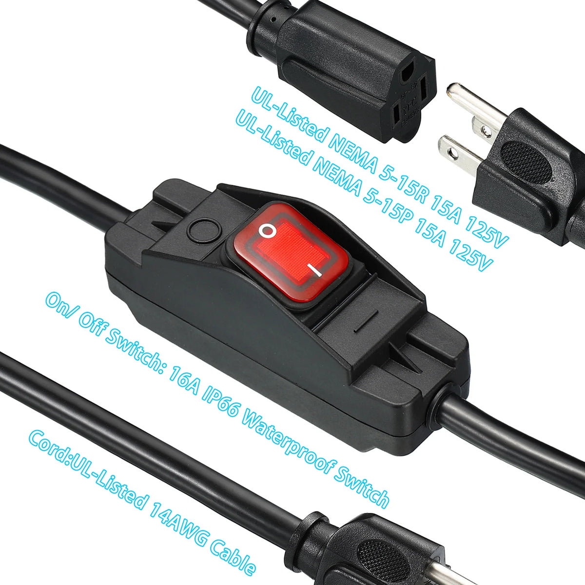 6.6Ft Outdoor Extension Cord with Waterproof Switch 1875W 14AWG 3 Prong V100